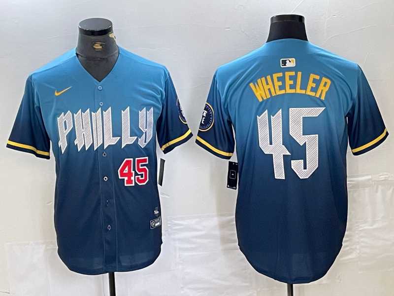 Men%27s Philadelphia Phillies #45 Zack Wheeler Blue 2024 City Player Number Cool Base Stitched Jerseys
